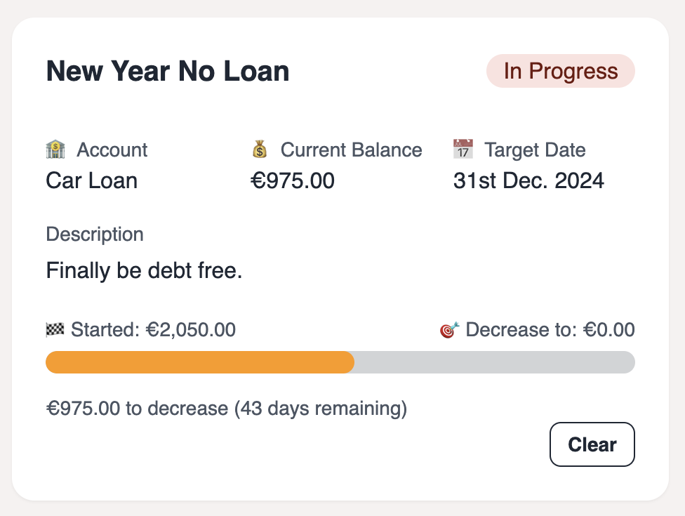 Account goals interface showing savings progress tracking